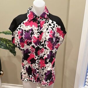 Ashley Stewart Floral Colorblock Blouse | Size 12 | Linen Blend